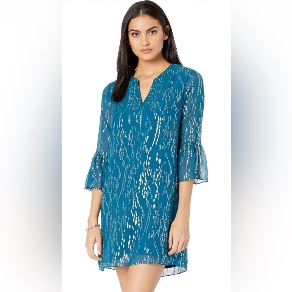 EUC Lilly Pulitzer Elenora‎ Silk Dress Inky Tidal Fish Clip Chiffon medium